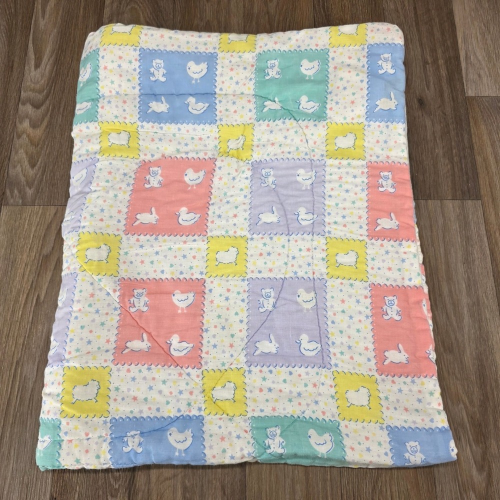 Vintage Pastel Baby Blanket Patchwork Bunny Bear Lamb Duck Nursery 33x40